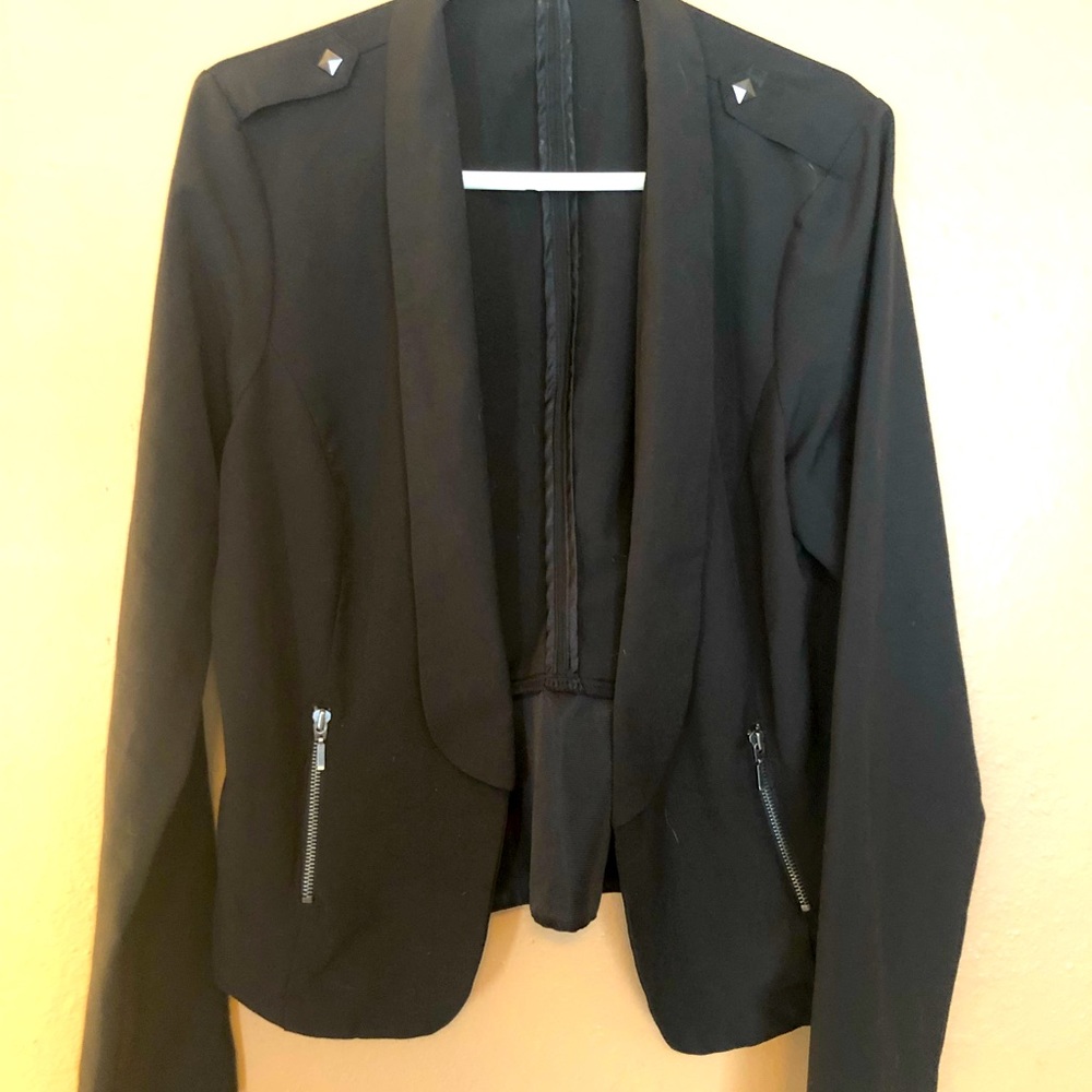 Black retro jacket w/studs, zippers & pleat